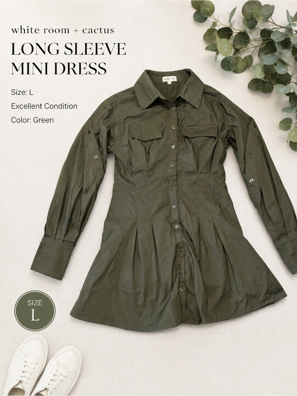 White Room + Cactus Olive Green Long-Sleeve Mini Shirt Dress